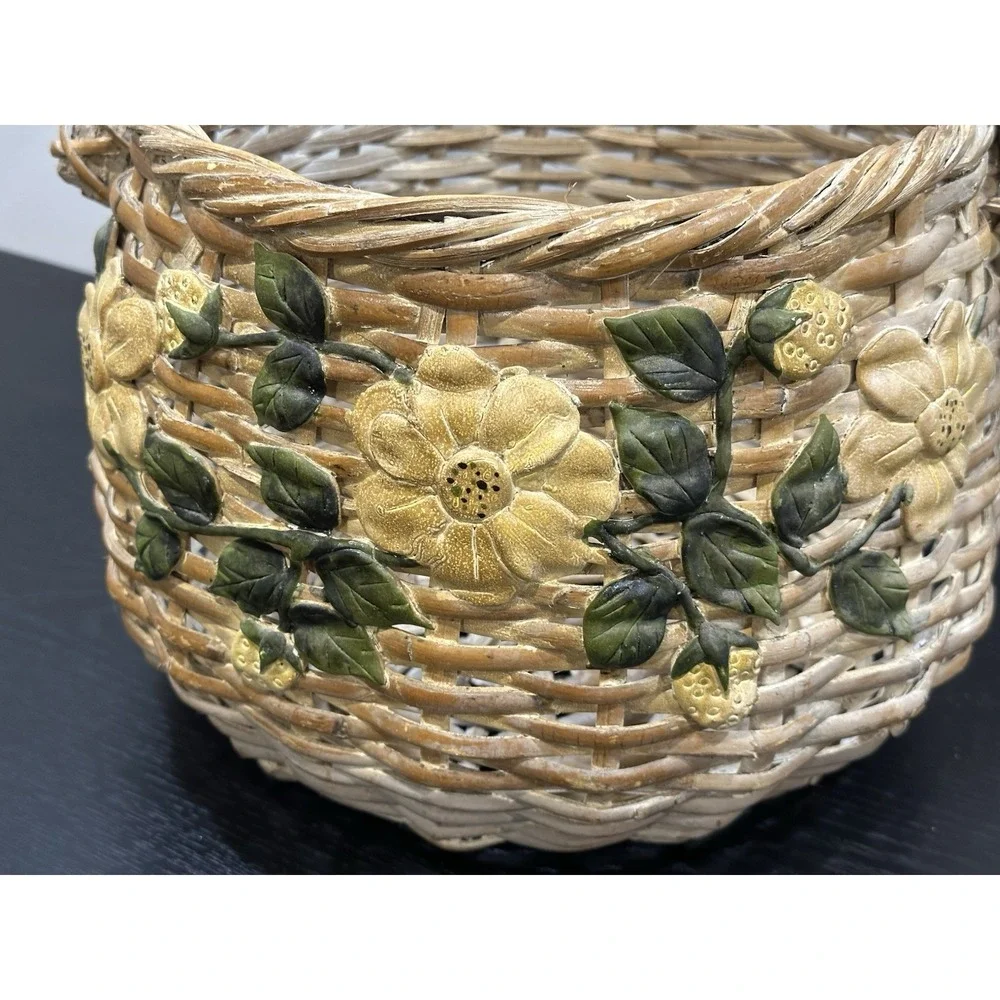 Vintage Wicker Basket Twig Handle 3D Yellow Flower Boho Cottagecore Gathering